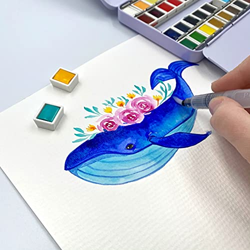 Watercolor Paint Set in Half-Pans by ArtWhale, 48 colors, Tin Box + Waterbrush