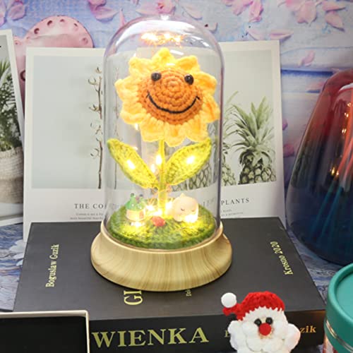 Crochet Artificial Sun Flower Decor in Glass Dome with Led Light Strip, for Her Mom