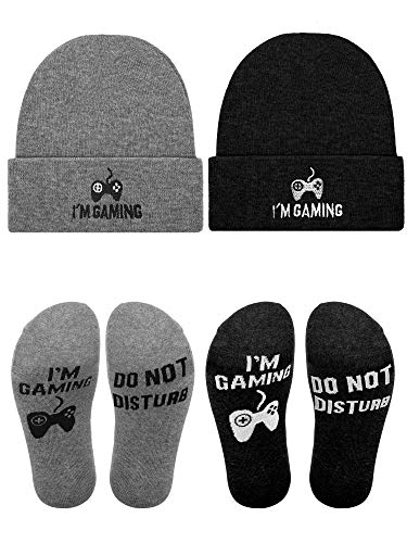 4 Pieces I'm Gaming Winter Beanie Hat Gamer Socks Set Funny Knitted Cuffed Skull Cap