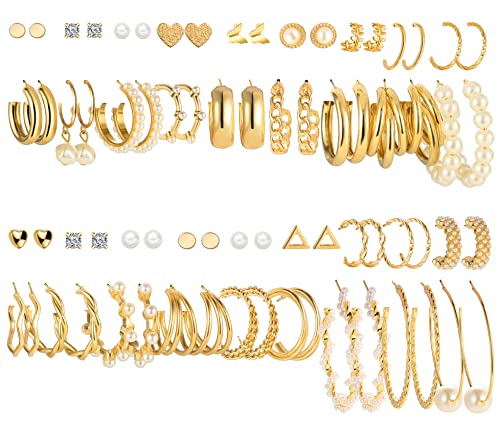 36 Pairs Gold Earrings Set for Women Girls, Fashion Pearl Chain Link Stud Drop Dangle