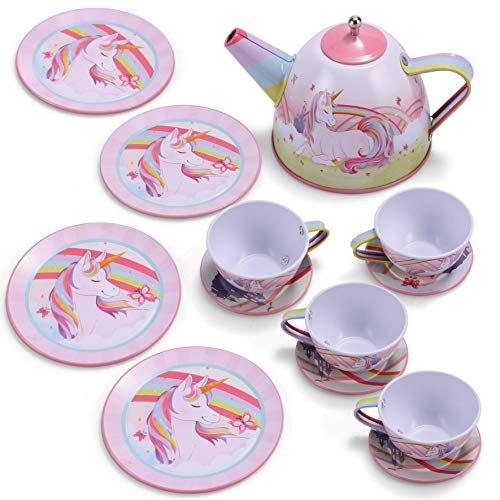 Unicorn Castle Pretend Tin Teapot Set for Tea Party and Kids Kitchen Pretend Play