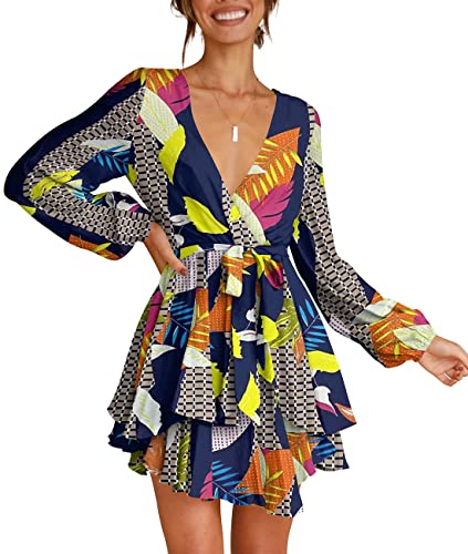 Womens Mini Dress Deep V-Neck Bishop Sleeve Printed Party Dresses