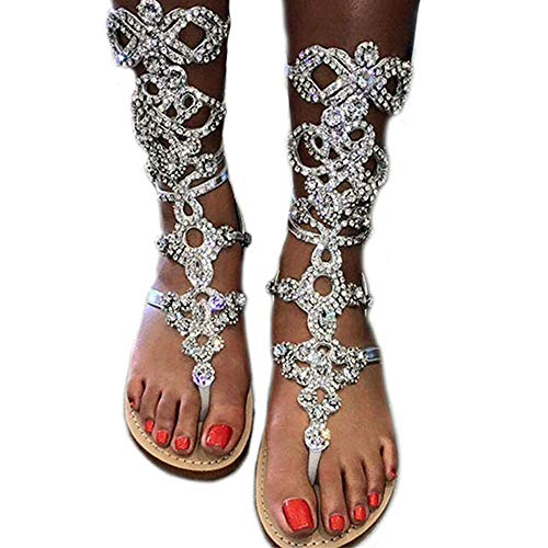 Women's Rhinestone Sandals Silver Gladiator Sandals Summer Flat Dress Sandals