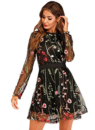 Women's Floral Embroidery Mesh Round Neck Tunic Party Dress