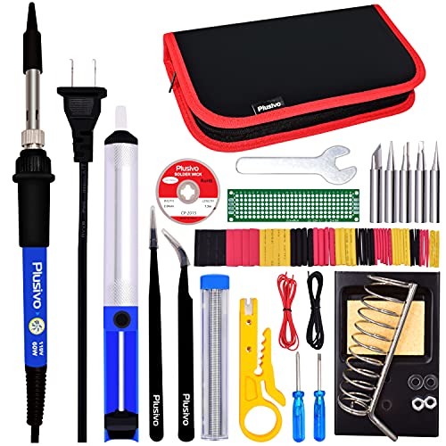 Soldering Iron Kit - Soldering Iron 60 W Adjustable Temperature, Solder Wire, Tweezers, Soldering Iron Stand, Soldering Iron Tips Set, Desoldering Pump, Solder Wick, Heatshrink Tubes [110 V, US Plug]