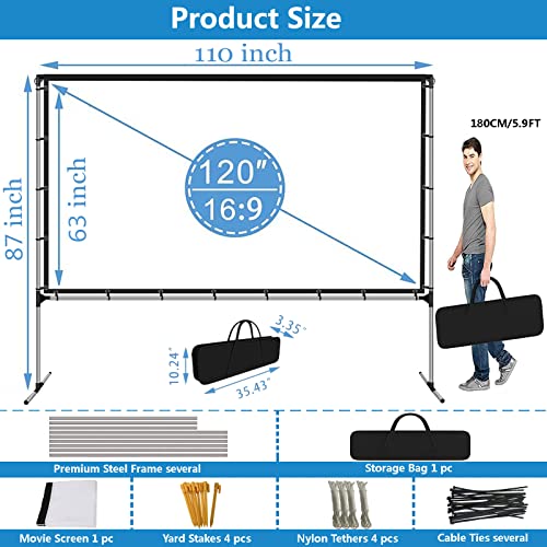 Projector Screen with Stand 120 Inch Foldable Portable Movie Screen 16：9 HD 4K Double Sided Projection