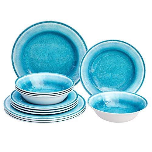 Amazon Basics Melamine Dinnerware Set, Service for 4, Teal Crackle Glaze - Set of 12