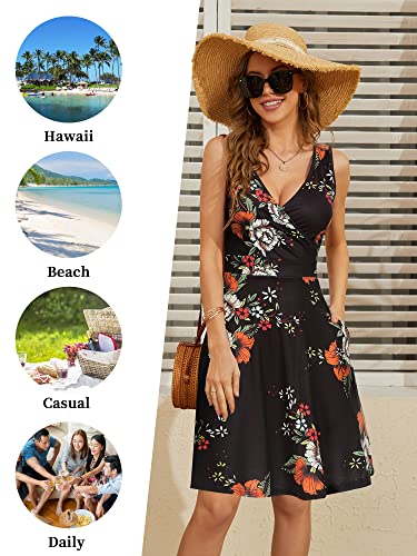 Womens Navy Dress Deep V Neck Wrap Floral Sleeveless Summer Midi Sundress