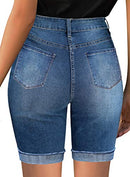 Women Stretch Ripped Bermuda Denim Shorts Distressed Knee Length Short Jeans