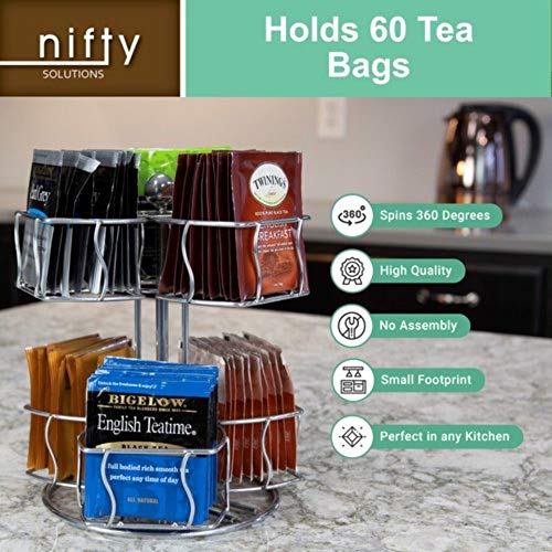 Tea Bag Spinning Carousel –Up to 60 Tea Bags Storage, Kitchen Counter Organizer