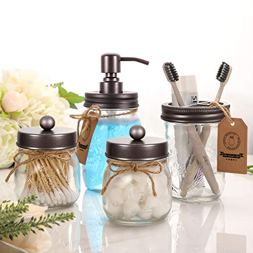 Mason Jar Bathroom Accessories Set 4 - Soap Dispenser, Apothecary Jars