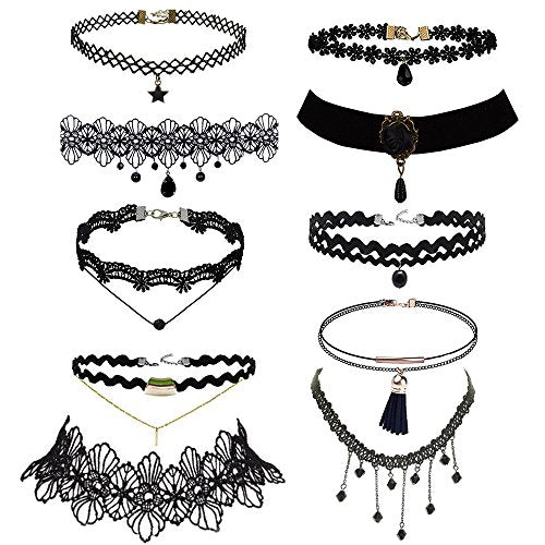 Trasfit 10 Pieces Lace Choker Necklace for Women Girls, Black Classic Velvet Stretch