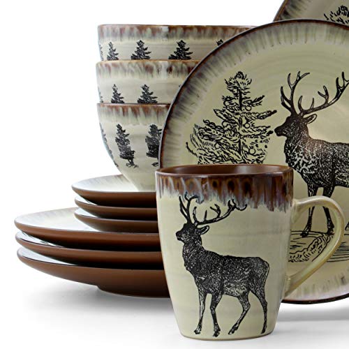 Round Stoneware Cabin Dinnerware Dish Set, 16 Piece, Elk Design with Warm Taupe and Brown Accents