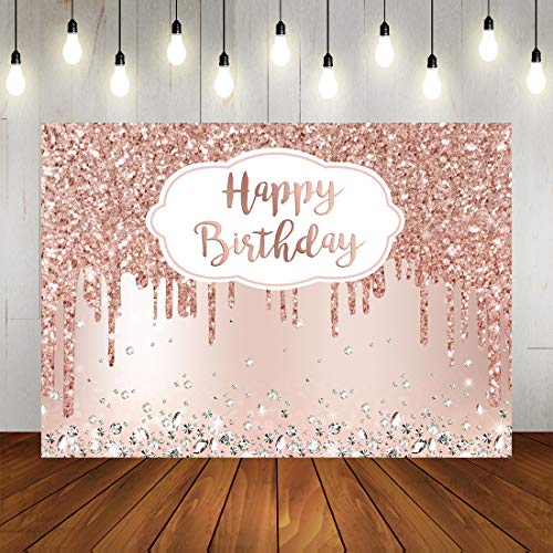 Pink Rose Golden Birthday Party Backdrop Glitter Diamonds Happy Birthday Background
