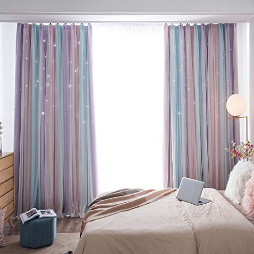 2 Panels Blackout Stars Curtains for Kids Girls Bedroom Aesthetic Living Room Decor Color