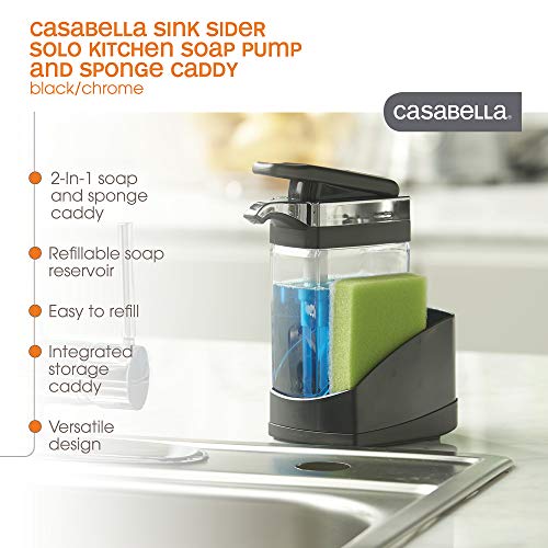 Casabella Sink Sider Solo Kitchen Soap Pump and Sponge Caddy, Black/Chrome Black & Chrome Plating