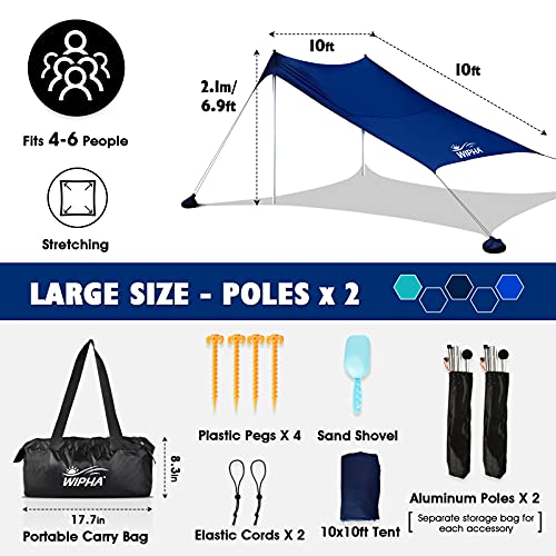 WIPHA Beach Tent-Family Portable Beach Canopy for 4-6 Adults-UPF 50+ Sand Free