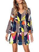 Women's V Neck Bishop Sleeves Soft Loose Tunic Fall Dress Geometry M