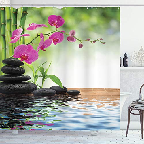 Ambesonne Spa Shower Curtain, Composition Bamboo Tree Floor Mat Orchid Stones