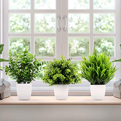 3Pack Mini Fake Plants in Pots,Artificial Plastic Eucalyptus Plants,Wheat Grass