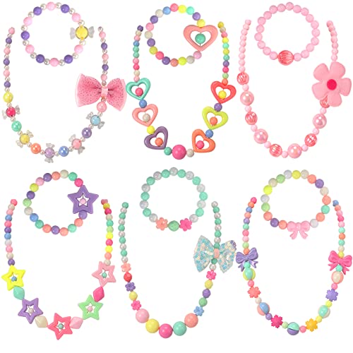 Beaded Necklace and Beads Bracelet for Kids, 6 Sets