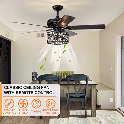 52"Farmhouse Rustic Indoor Ceiling Fans with Lights Industrial Black Metal Caged Ceiling
