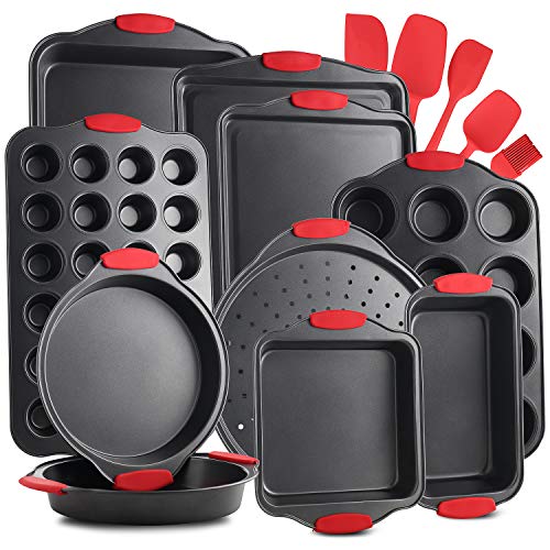 Nonstick Carbon Steel Bakeware Set - 15-Piece Baking Tray Set With Silicone Handles