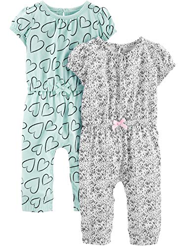 Simple Joys by Carter's Baby Girls' Jumpsuits, Pack of 2, Blue/Grey, Hearts, Newborn