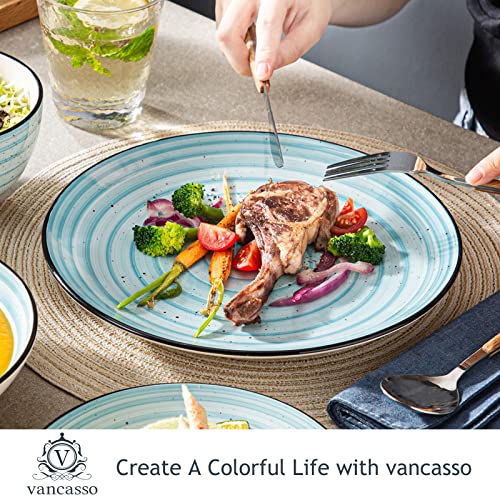 Blue Dinner Set, 24 Pieces Stoneware Dinnerware Set, Handpainted Spirals Pattern