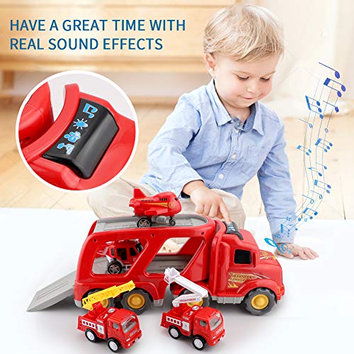 Fire Truck Car Toys Set, Friction Powered Car Carrier Trailer with Sound and Light