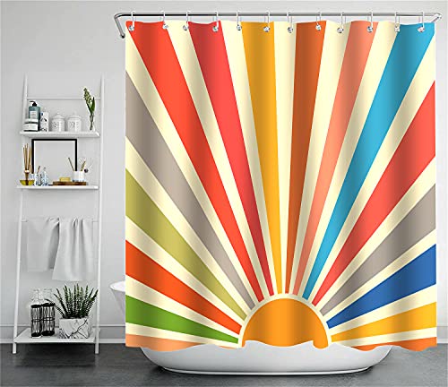 Vintage Sun Shower Curtain Boho Shower Curtain Retro 70s Rainbow Sunrise Sunset