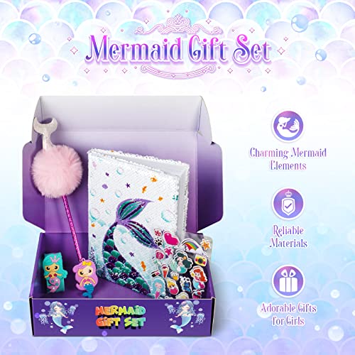 Mermaid Gift Set, Sequin Diary, Fluffy Pen, 3D Stickers, Slap Bracelet, Keychain