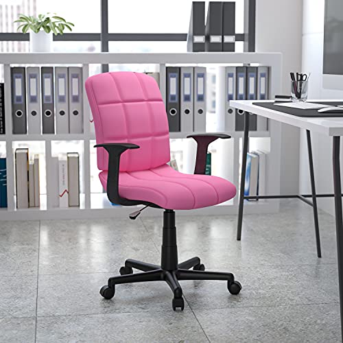 Mid-Back Pink Quilted Vinyl Swivel Task Office Chair with Arms