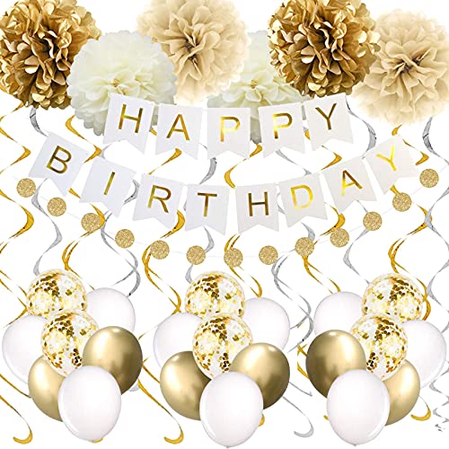 Gold Birthday Party Decorations ,Happy Birthday Banner, Gold White Birthday