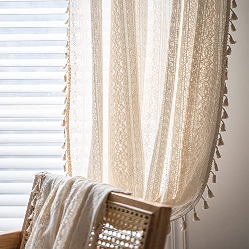 Bohemian Crochet Knitting Curtains Tassels 84 Inches Long,Rod Pocket Boho Cotton Lace Window Drapes