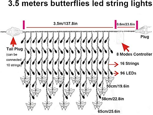Lainin 3.5M/11.5FT 96SMD Curtain Light 16 LED Butterfly Strings 8 Mode