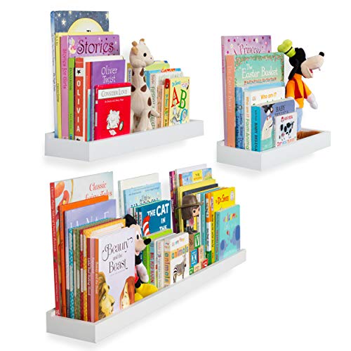 Wallniture Philly Floating Shelves for Wall, Varying Sizes White Bookshelf Set of 3 for Kids Room Decor, Bathroom Storage Shelf