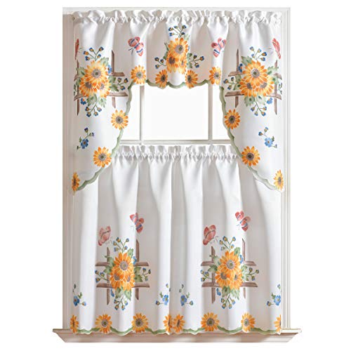 3pcs Kitchen Cafe Curtain Set Air Brushed by Hand of Sunflower and Butterfly Design