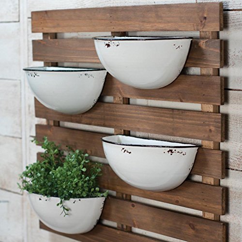Rustic Slat Wood Wall Planter with Four Distressed White Enamel Pots
