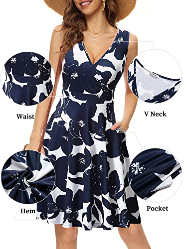 Womens Navy Dress Deep V Neck Wrap Floral Sleeveless Summer Midi Sundress