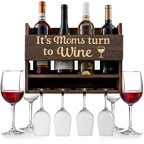 Wall Mounted Wine Rack - 4 Wine Glasses Included - Wine Glasses & Bottle Gifts
