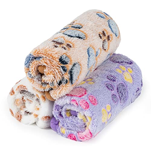 1 Pack 3 Dog Blankets for Small Dogs, Soft Fluffy Paw Print Pattern Fleece Pet Blanket