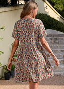 Summer Dress for Women Short Sleeve V Neck Ruffled Floral Swing A-Line Dresses