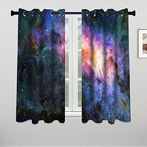 Galaxy Stars Blackout Window Curtain Panels, Blue Purple Planet  53 x 63 Inch