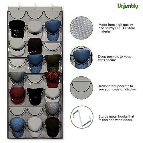 Baseball Hat Rack from Unjumbly, 24 Pocket Over-The-Door Cap Organizer