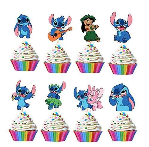 21pcs Blue Cartoon Pet Cupcake Toppers for Lilo & Stitch Party