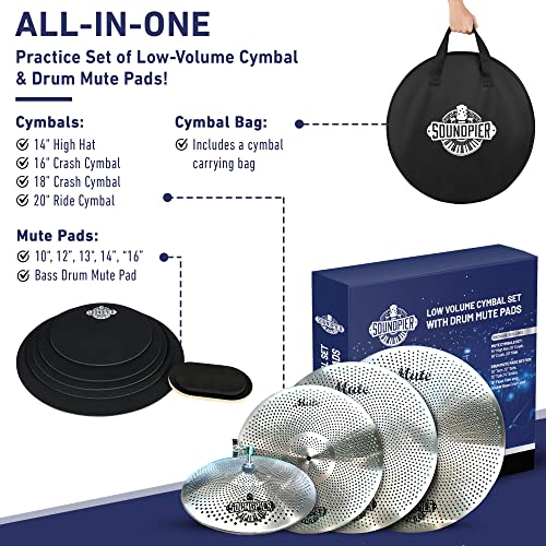 Low Volume Cymbal Pack with Drum Mute Pads, All-In-One 5-Piece Cymbal Set