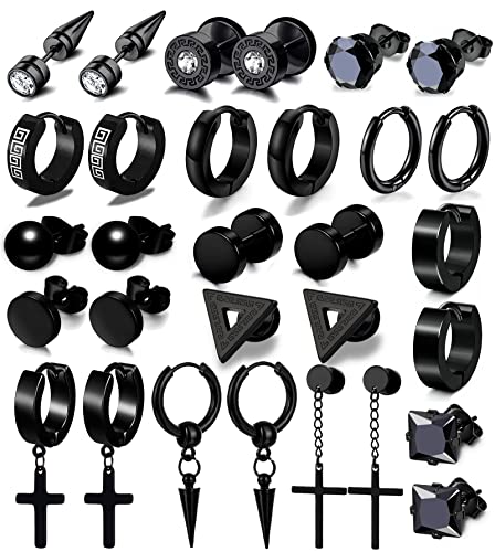 15 Pairs Earrings for Men, Black Stainless Steel Earrings Stud Kit for Men Women Fashion