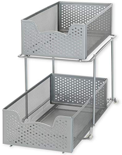 2 Tier Sliding Cabinet Basket Organizer Drawer, Silver
