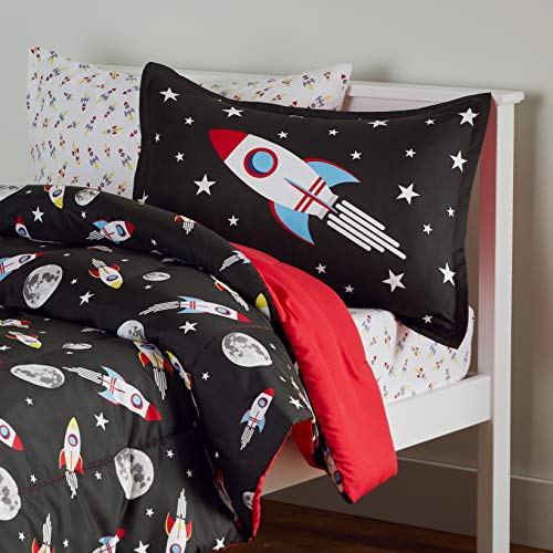 Amazon Basics Kids Easy-Wash Microfiber Bed-in-a-Bag Bedding Set - Twin, Space Rockets